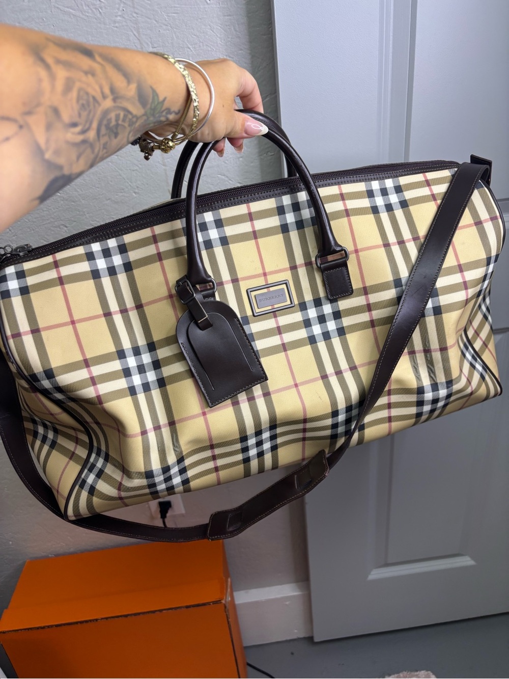 Burberry Nova Check Weekender Bag - Beige with Dark Brown Trim